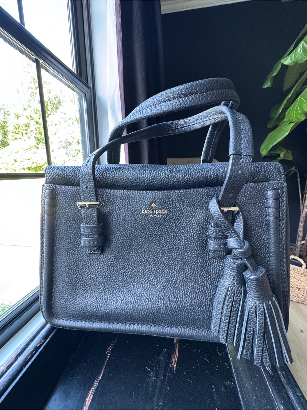 kate spade black pebbled leather satchel with tassel accents